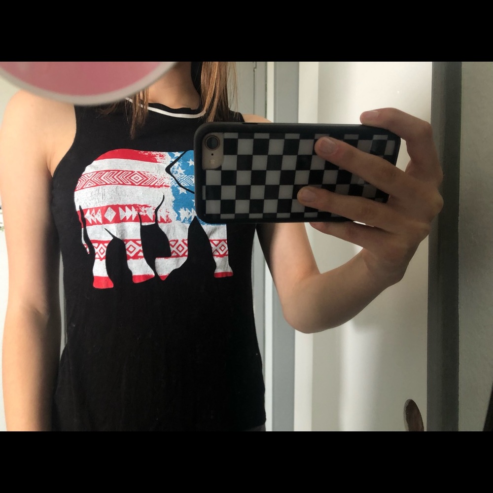 black muscle tee with a blue white & red elephant